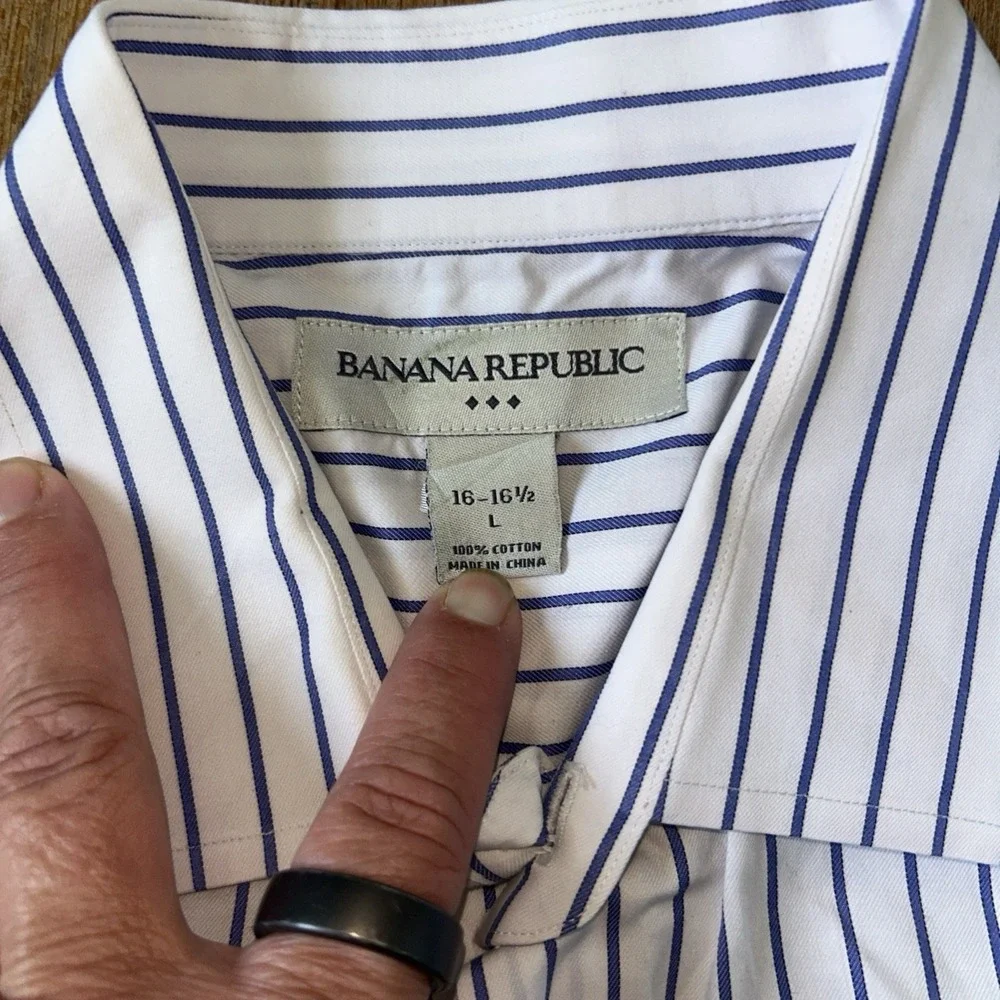 Banana Republic Men Blue White Stripe Cotton Dress Shirt Size L 16-16.5 Long Slv